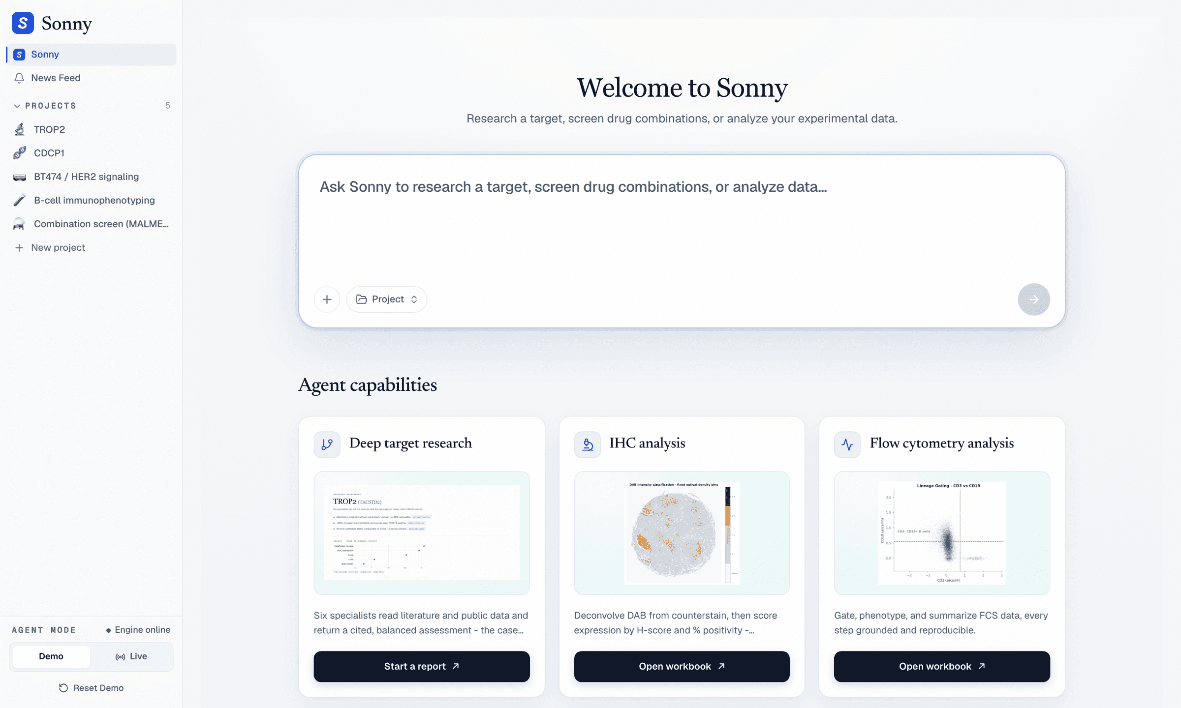 LUMINA home: the Ask Sonny composer above the deep research, IHC, and flow cytometry capability cards
